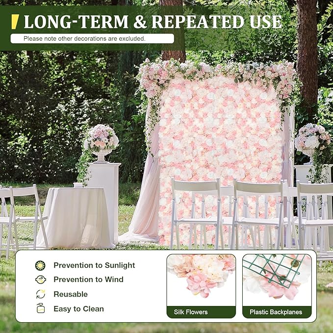 12 PCS Artificial Flowers Wall Decoration 24" x 16" Decorative Rose Hydrangea Flower Panels Flower Wall for Home Party Wedding Christmas Festival Photo Backgdrop Decor (12 Pcs, Pink+Yellow)