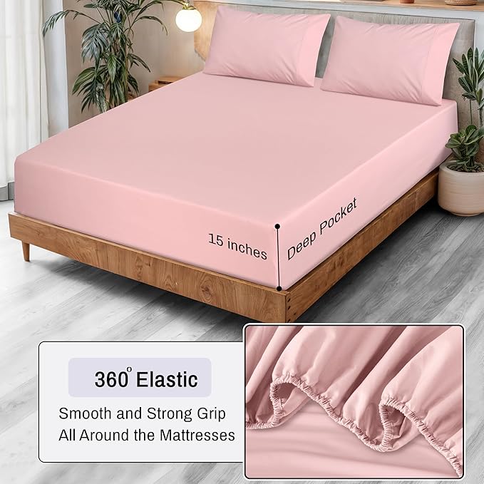 RUVANTI 100% Organic Cotton Sheets Split King, Percale Weave, GOTS Certified, 5-Piece Set, Deep Pocket 15", Crisp & Breathable, Soft Durable Bedding, Sábanas Algodón Orgánico – Peach Skin