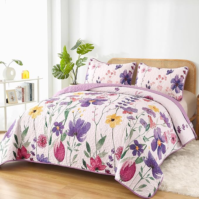 Anibedding Purple Quilt Set King, Floral Pattern Microfiber Bedspreads King Size 3 Pieces Lightweight Reversible Bedding Set with 2 Pillowcases(King, 104"x90")