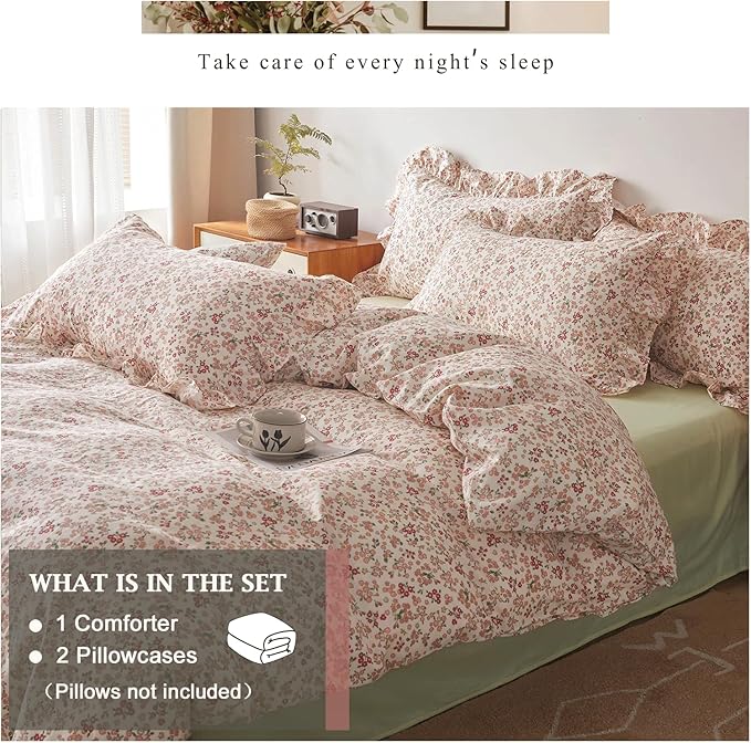 VM VOUGEMARKET Red Flower Comforter Set Queen Aesthetic Bedding Set Garden Style Blooming with Ruffle Pillow Shams for Teen Girls Bed in a Bag Flurry Comforter Set-90x90 Inch