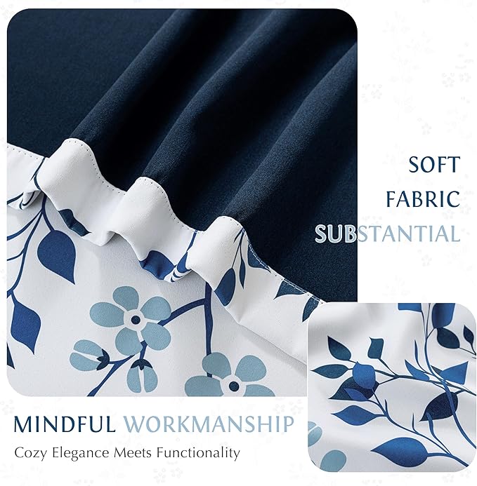 Beauoop Floral 100% Blackout Curtains 84 Inch Length 1 Panel for Patio Sliding Door Extra Wide Navy Blue Flower Patterned Divider Room Darkening Thermal Soundproof Grommet Window Drapes, 100x84, 1 set