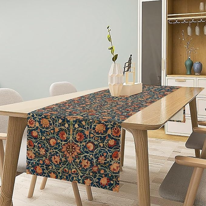 William Morris Table Runner, Boho Rustic Ethnic Flower Original Design Print Table Runner for Home Party Dining Room Kitchen Decor 13x108 Inch