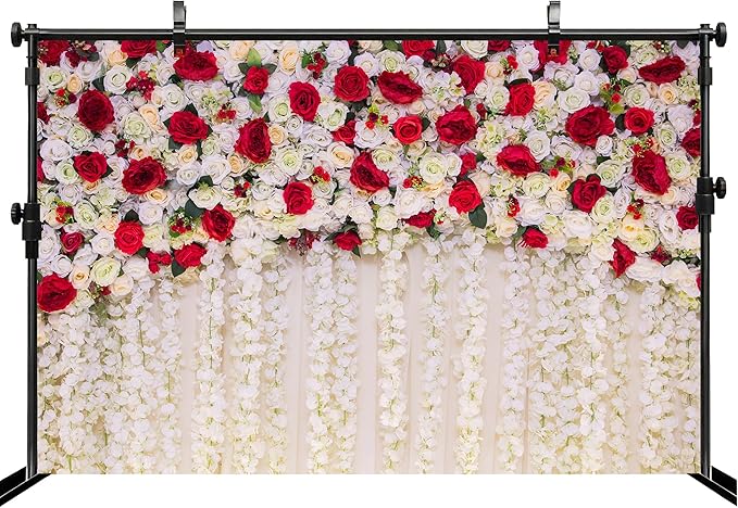MAEQLQLM 5x4ft Wedding Flower Wall Backdrop Romantic Red White Floral Wall with Hanging Flowers Photography Background for Wedding Party Decor Bridal Shower Photo Booth Props