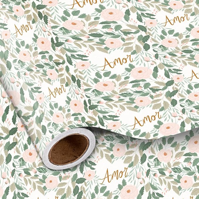 LeZakaa Flower & Love Wrapping Paper Roll, Amor (love in Spanish) Text & Floral Rose Design Gift Wrap for Mother's Day, Wedding, Anniversary, Valentine’S Day, Mini Roll, 17 inches x 16.4 Feet