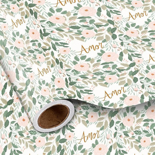 LeZakaa Flower & Love Wrapping Paper Roll, Amor (love in Spanish) Text & Floral Rose Design Gift Wrap for Mother's Day, Wedding, Anniversary, Valentine’S Day, Mini Roll, 17 inches x 16.4 Feet
