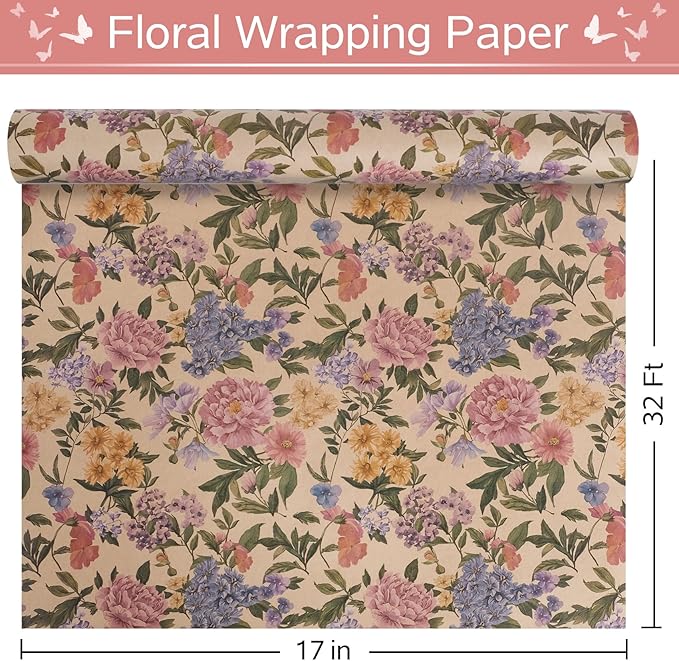RayofSun Kraft Floral Wrapping Paper Roll 17 in x 32 ft Mini Roll Vintage Pink Peonies Wildflowers Garden Flower Gift Wrap Paper for All Occasion Wedding Birthday Bridal Shower Party Christmas