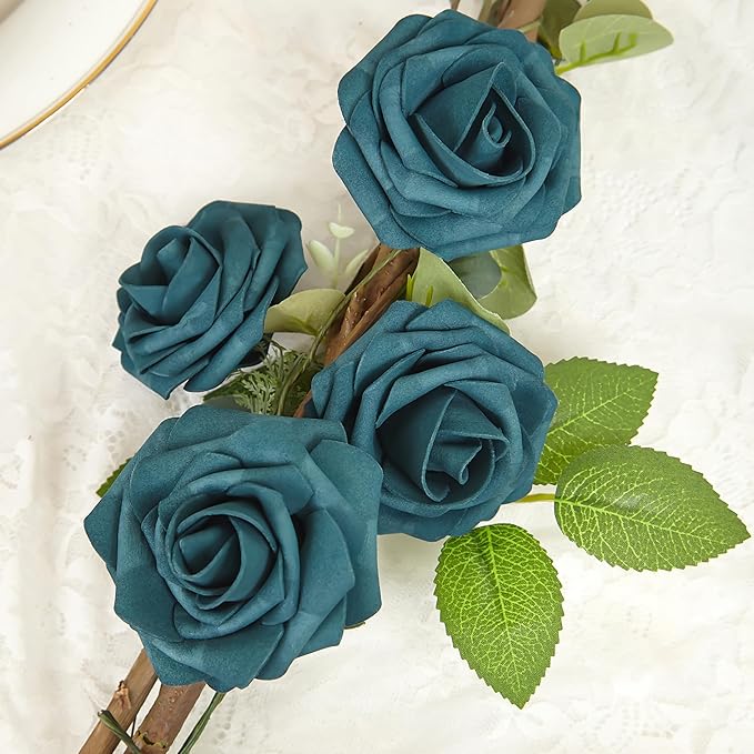 Artificial Flowers, 25pcs Artificial Rose for DIY Wedding Bouquets Centerpieces Arrangements, Dark Teal Fake Rose with Stems for Birthday Bridal Shower Graduation Events Decoration