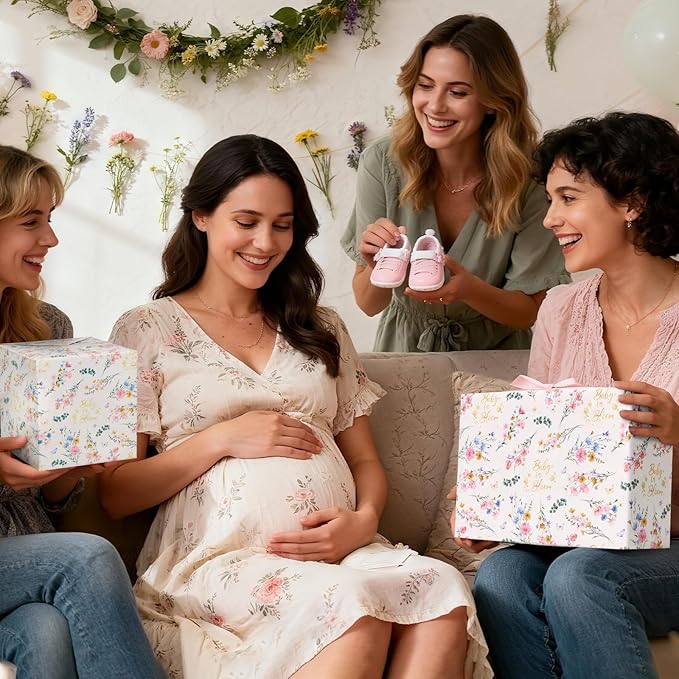 WERNNSAI Baby Wrapping Paper - 1 Roll 17”x 33 ft Baby Shower Wrapping Paper Pink Floral Gift Wrap Reversible New Born Girls 1st Birthday Present Packing Cute Foot Prints Design