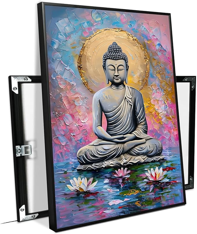 Lotus and golden Buddha meditation tranquil zen wall art mindfulness wall art for spiritual harmony and tranquility decor 24x36in Metal blackFramed