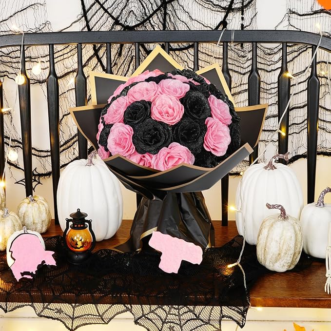 Waipfaru Glitter Roses Bouquet, DIY Black & Pink Halloween Flowers Bouquet, Artificial Fake Rose Bouquet for Halloween, Wedding, Anniversary, Engagement, 24 Rose