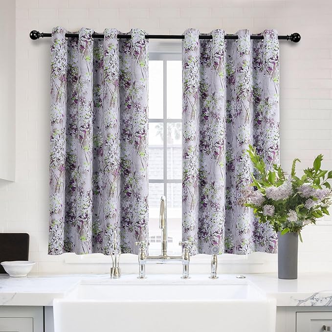 MYSKY HOME Purple Curtains 45 Inch Length Thermal Curtains for Living Room Bathroom Vintage Floral Curtains Window Panels 2 Panels, Grommet Top