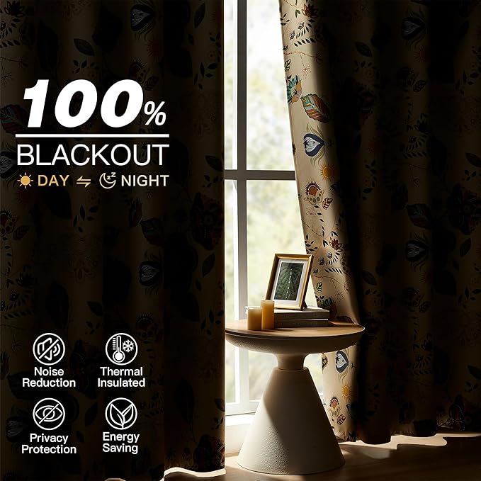 XiDi Beige Vintage Floral Curtains Boho Blackout Curtains Patterned 84 Inches Long 2 Panels for Bedroom Living Room Thermal Insulated Grommet Luxury Colorful Botanical Flower Leaf Printed Drapes 52x84