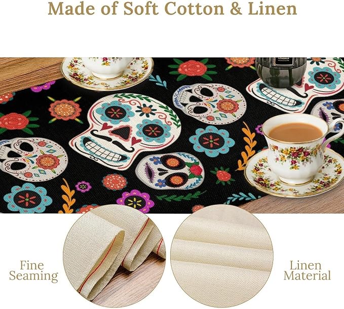 Gothic Skull Table Runner,Vintage Style Colourful Table Runner for Home Kitchen Table Dining Garden Farmhouse Wedding Party Decor 13x36 Inch