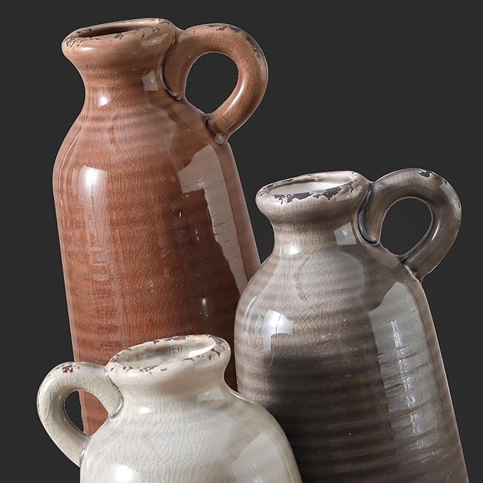 Ceramic Vases Set of 3, Neutral Rustic Farmhouse Vase with Handle, Decorative Flower Vases Home Decor Modern Boho Pampass Vase for Table Mantel Entryway Shelf Living Room Kitchen Bathroom - Brown