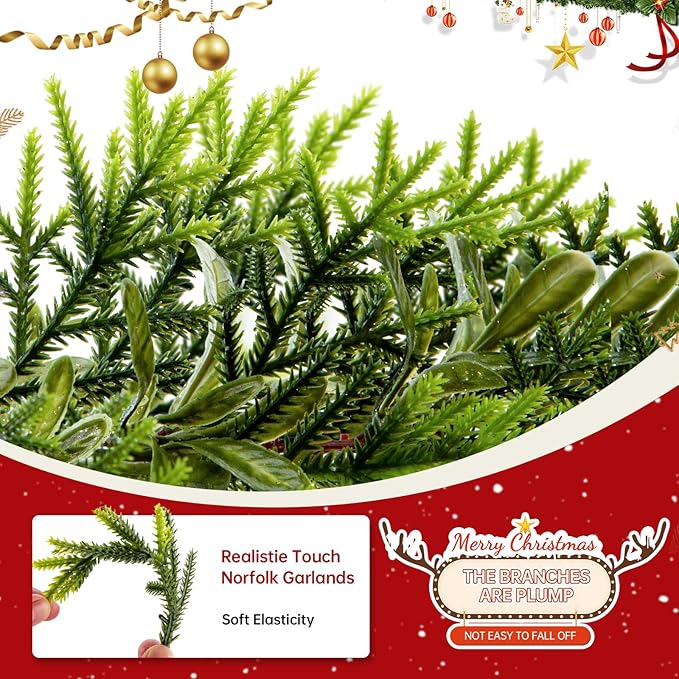 2Pack 6FT Christmas Garland – Artificial Norfolk Pine Olive Garland with Red Berries, Pinecones & 20 Warm LED Timer Lights – Holiday Garland for Home, Wedding, Party Decorations