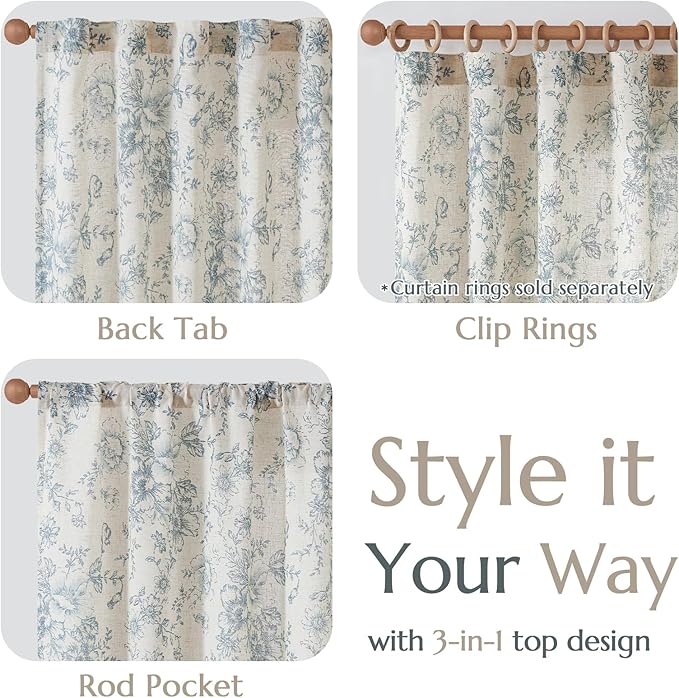 jinchan Linen Floral Curtains 96 Inch Length for Living Room Bedroom Light Filtering Farmhouse Peony Flower Drapes Rustic Window Curtain Set Rod Pocket Back Tab 2 Panels Blue