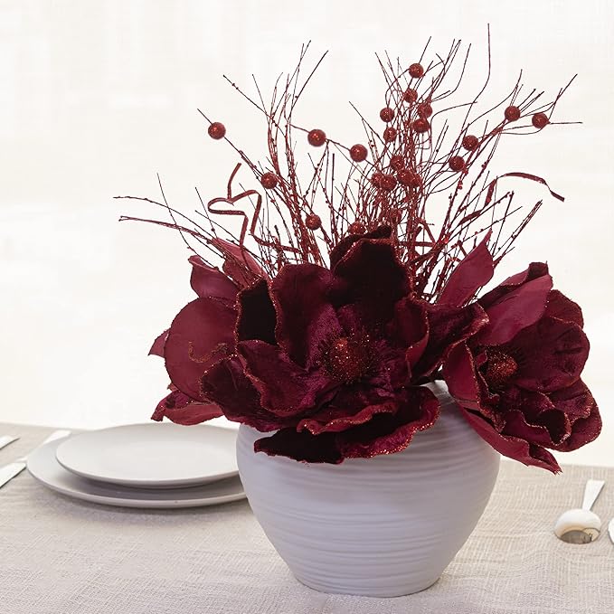 KI Store Velvet Christmas Poinsettia Burgundy Artificial Magnolia Flower Ornaments Floral Picks Stems for Christmas Tree Decorations Pack of 6 for Xmas Tree Wedding Centerpiece
