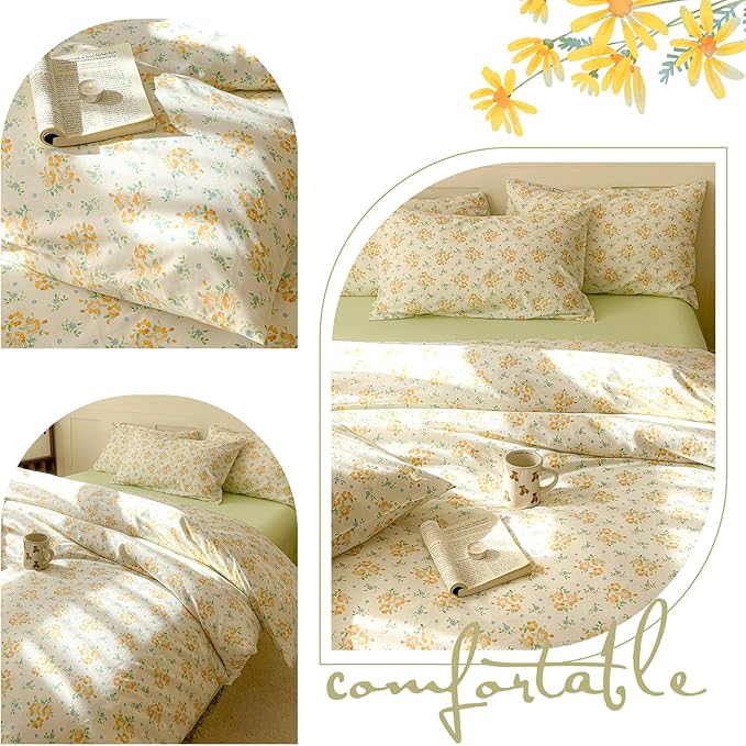 EAVD Yellow Floral Duvet Cover King Size Soft 100% Cotton Soft Botanical Floral Cottagecore Bedding Set with 2 Pillowcases Aesthetic Floral Comforter Set with Zipper Closure