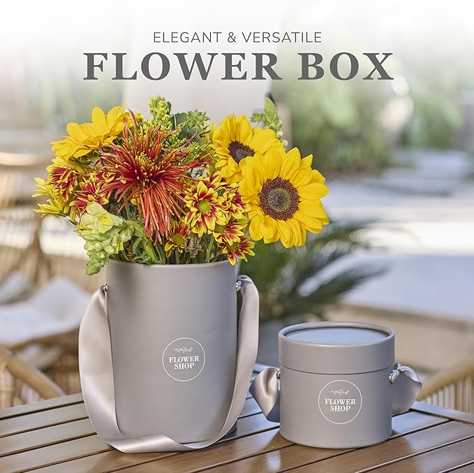 4 Flower Bouquet Hat Boxes | 2 Per Size Round Floral Arrangement Vase | Satin Ribbon Handle & Waterproof Liner | Gift Box for Flowers with Lids | Grey