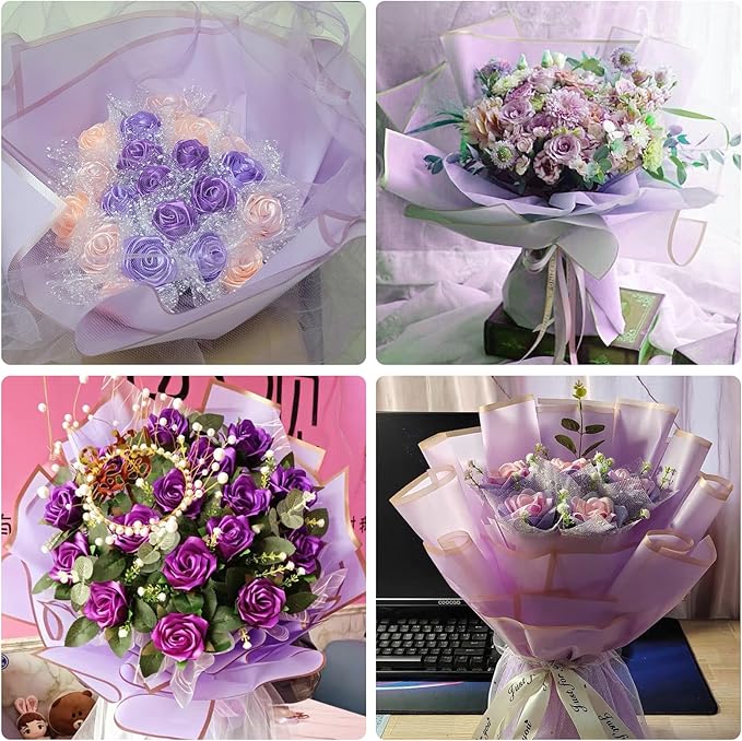 Kosotody 20 Sheets Flower Wrapping Paper Waterproof Florist Bouquet with Ribbon for Bouquets DIY Crafts Packaging Bouquet, 22.8x22.8 inch (Purple), KOS038-WRAPPERPURPLE