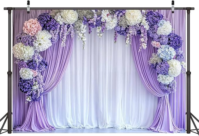 7 x 5 ft Flower Photo Backdrop Floral Purple Photography Background White Curtain Spring Wedding Baby Shower Girl Princess Birthday Party Supplies Photo Studio Props