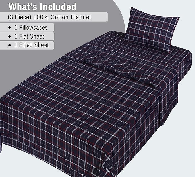 RUVANTI Flannel Sheets Twin Size - 100% Cotton Double Brushed Twin Sheets Set, Deep Pockets 16 Inches, All Seasons Breathable & Extra Soft Bed Sheets, Warm & Cozy, 3 Piece, Yankees Blue