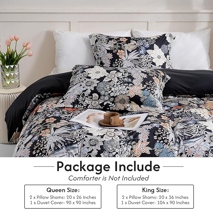 LONAVA King Flower 3 Pcs Duvet Cover Set, Breathable Soft Microfiber Black Lining Comforter Cover with Zipper Closure, and 2 Anti-Pilling, Fade Resistant Pillowcases, Midnight Blossoms