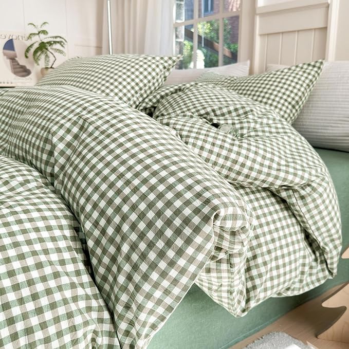 LifeTB Green Gingham Comforter Set Full Size Boho Plaid Checkered Pattern Comforter Geometric Grid Plaid Printed Bedding Comforter Set with 2 Pillowcases Fluffy Soft Gingham Bedding Set Full Size