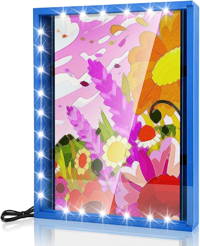 Shadow Box with LED Light Dried Flowers Collectible Shadow Frame Changeable Artwork Display & Storage Frame Wall-mounted & Tabletop (Blue)