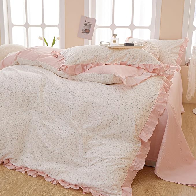EAVD Pink Floral Duvet Cover Queen Soft 100% Cotton Chic Romantic Ruffled Floral Bedding Set with 2 Pillowcases Vintage Style Botanical Floral Comforter Cover with Zipper Closure