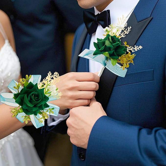SITUMEIZI 2Pcs Green Corsage and Boutonniere Set Corsage Wristlet for Prom Decor Boutonniere for Men Wedding Flowers Accessories Party Suit Decoration