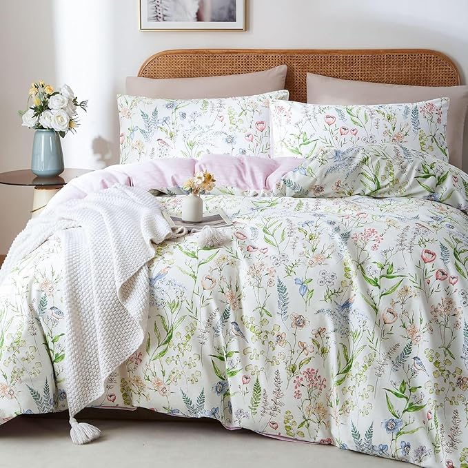 EAVD Vintage Garden Style Botanical Floral Duvet Cover Full White Soft 100% Cotton Chic Floral Cute Bird Print Bedding Set with 2 Pillowcases Fresh Botanical Duvet Cover with Zipper Closure