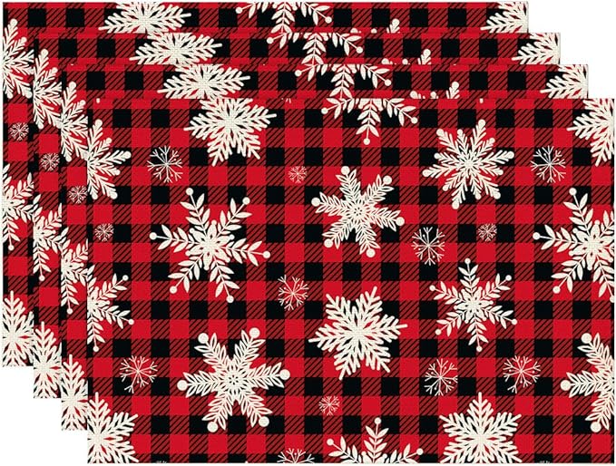 Christmas Snowflakes Placemats Set of 4 Buffalo Plaid Place Mats Washable Table Dinner Mats Linen Table Mats for Kitchen Dining Party Home Kitchen Decor 12x18 Inch