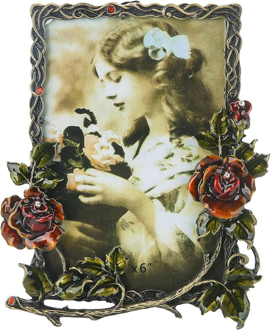 4x6 Picture Frame Vintage Decor Ornate Red Rose Flower Antique Photo Frame with Glass Front Metal Brass Art Table Top Decor for Valentines Wedding Anniversary Birthday Mothers Day Gifts