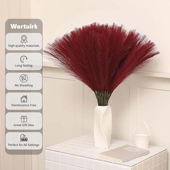 Faux Burgundy Pampas Grass - 30pcs 24 Inch Artificial Pampas Grass Decor Tall, Fake Pompas Grass for Vase Filler, Table Centerpieces, Wedding, Party and Home Decor (Burgundy, 30 Pieces)