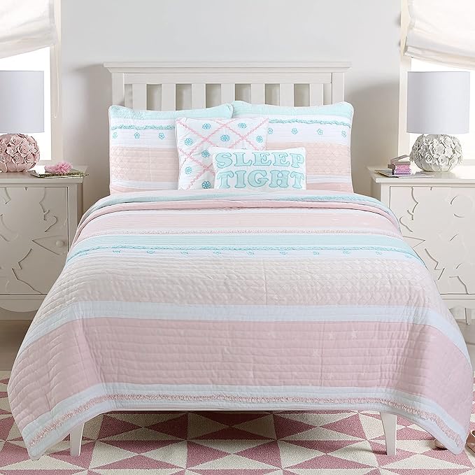 Cozy Line Home Fashions Light Pink Blue Ruffles Girl 100% Cotton Reversible Quilt Bedding Set, Coverlet, Bedspread (Candy, Queen - 3 Piece: 1 Quilt + 2 Shams)