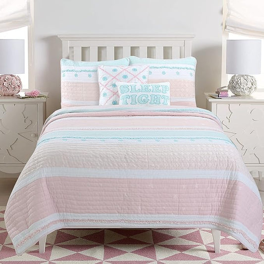 Cozy Line Home Fashions Light Pink Blue Ruffles Girl 100% Cotton Reversible Quilt Bedding Set, Coverlet, Bedspread (Candy, Queen - 3 Piece: 1 Quilt + 2 Shams)