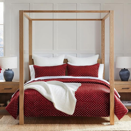 Levtex Home - Cross Stitch Velvet Red Quilt Set - Full/Queen Quilt + Two Standard Pillow Shams - Cross Stitched Pattern - Quilt Size (88x92in.) and Pillow Sham Size (26x20in.) - Reversible