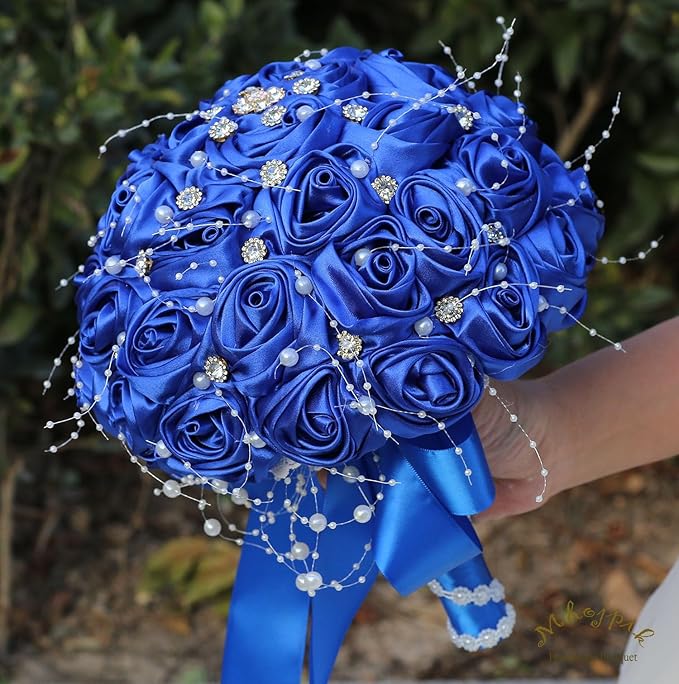 Bridal Wedding Bouquet Round Bling Brooch Bouquet Throw Toss Artificial Rose Flower Bunch for Bride Bridesmaid Wedding Quinceanera(Royal Blue, 9.8")