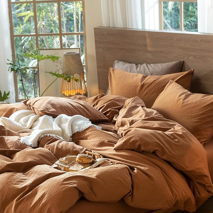 MooMee Wavy Striped Duvet Cover Set 100% Washed Cotton Linen Like Textured Breathable Durable Soft Comfy (Dark Orange, King 104"x90")