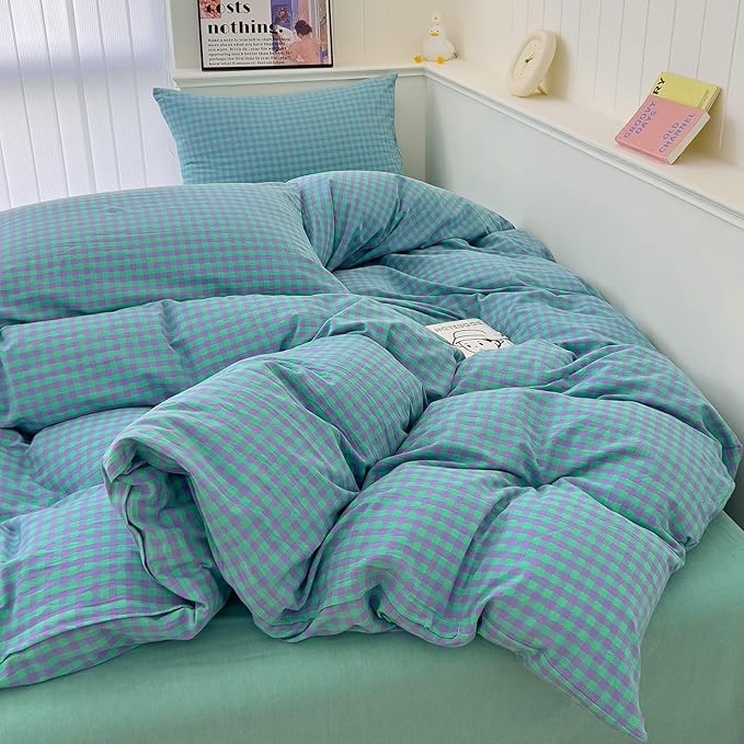 LifeTB Queen Comforter Set Green Gingham Bedding Comforter 3 Pieces Checkered Pattern Comforter Set Green Purple Plaid Grid Bed Comforter with 2 Pillowcases Fluffy Soft Gingham Bedding Set Queen Size