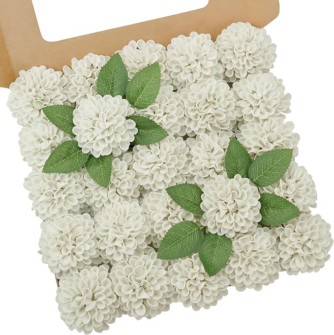 Artificial Flowers, 50pcs Realistic Artificial Rose for DIY Wedding Bouquets Centerpieces Arrangements, Sand White Dahlia Flowers with Stem for Bridal Shower Party