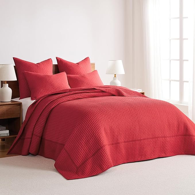 Levtex Home Cross Stitch Reversible Full Bedspread Set (100x104in) with 2 Pillow Shams (26x20in) - Stitch Texture - Chile Red - Cotton Full Size Bedspread Set - Lightweight, Soft, Pre-Washed
