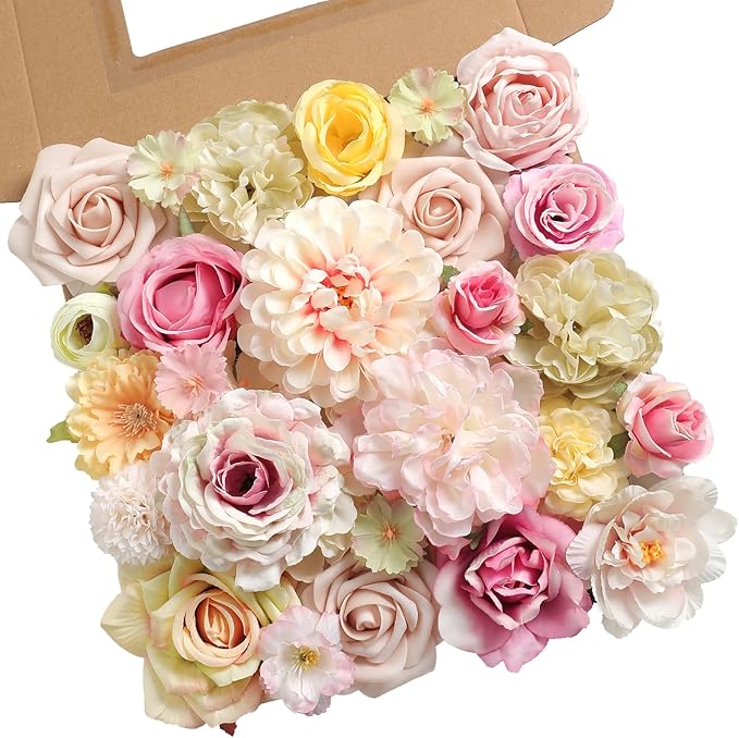 Light Pink Artificial Flowers Combo Set Fake Flower Leaf Box with Stemst for DIY Wedding Bridal Bouquet, Centerpieces, Home Decor, Floral Arrangement Decor