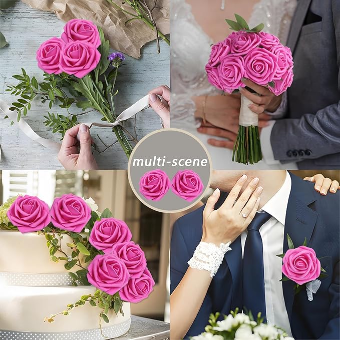 50Pcs Hot Pink Artificial Flowers Roses Real Looking Foam Fake Roses with Leaves and for DIY Wedding Bouquets Bridal Shower Centerpieces Party Decorations (Hot Pink, 50)