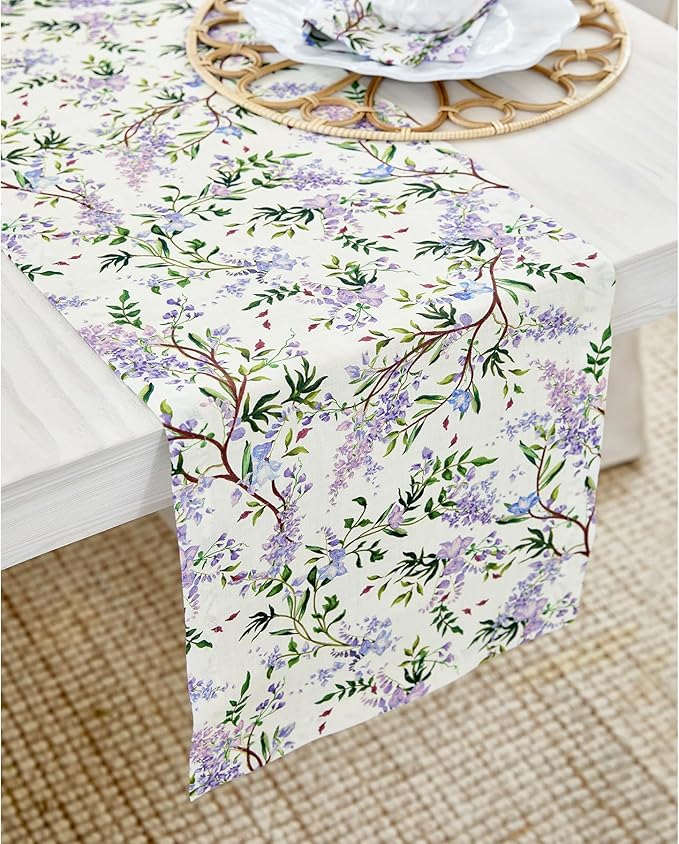 Solino Home Lilacs Floral Print Table Runner 36 inch - 100% Pure Linen Table Runner 14 x 36 Inch - Handcrafted and Machine Washable - Lilacs/Off White Print