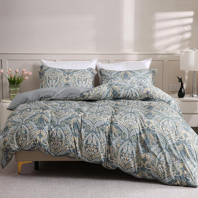 LONAVA King Paisley 3 Pcs Duvet Cover Set, Breathable Soft Microfiber Grey Lining Comforter Cover with Zipper Closure, and 2 Anti-Pilling, Fade Resistant Pillowcases, Green Pasliey