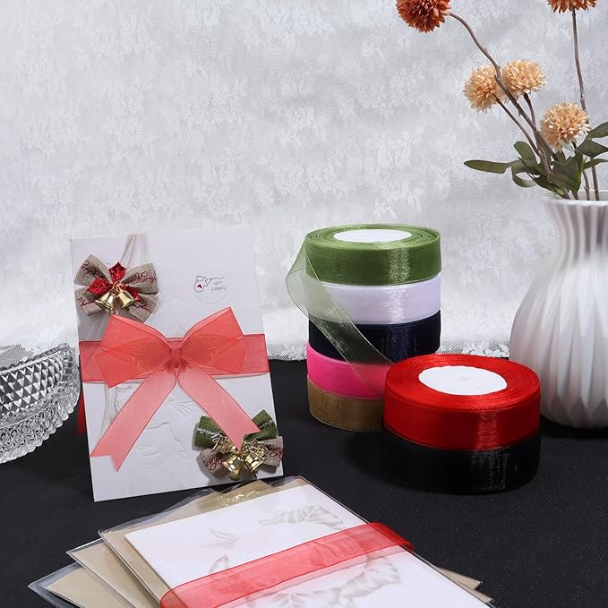 Red Ribbon for Gift Wrapping, 1 inch 50Yard Sheer Organza Tulle Ribbon for Flower Bouquet, Red Gifts Wrap Chiffon Ribbons for Hair, Craft, Wedding, Valentines Day, Mothers Day, Christmas