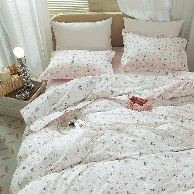 VM VOUGEMARKET Garden Flower Comforter Set Queen 3 Pcs White Pink Floral Bedding Set with 2 Pillowcases Aesthetic Comforter Set for Girls Women 90"x90"