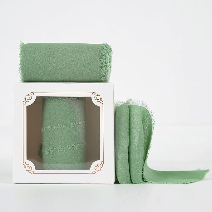 MEEDEE Sage Chiffon Ribbon 3 Inch Green Frayed Ribbons Sage Green Chiffon Silk Light Green Ribbon Wide Chiffon Ribbons for Crafts, Flower Bouquet, Wedding Favors Wrapping (2 Rolls 10 Yards)